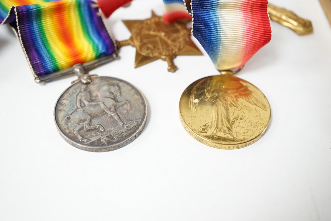 A First World War medal trio awarded to Lieut. W. Cleveland-Stevens. R.N.V.R., together with a miniature on ivory of a 19th century Captain with description to reverse, a signed military coloured engraving, a paper knife
